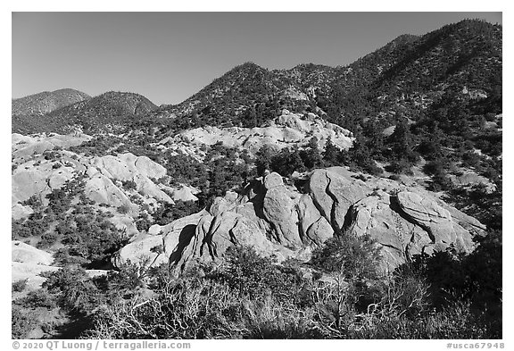 Tilted sandstone fins at the base of San Gabriel Mountains. San Gabriel Mountains National Monument, California, USA (black and white)