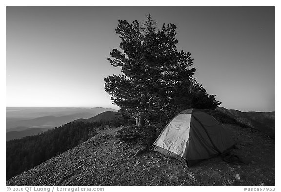 Tent on Mount Baldy Devils Backbone at dawn. San Gabriel Mountains National Monument, California, USA