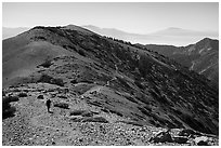 Hiker and trail on Mount Baldy. San Gabriel Mountains National Monument, California, USA ( black and white)