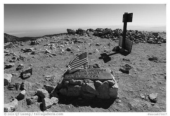Marker on Mount San Antonio top. San Gabriel Mountains National Monument, California, USA (black and white)