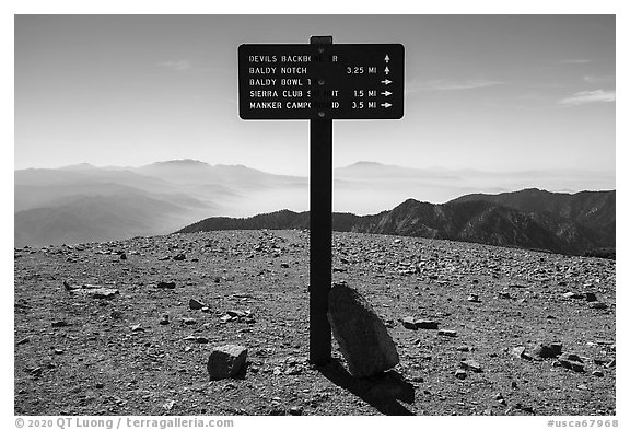 Sign on top of Mount Baldy. San Gabriel Mountains National Monument, California, USA (black and white)