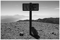 Sign on top of Mount Baldy. San Gabriel Mountains National Monument, California, USA ( black and white)