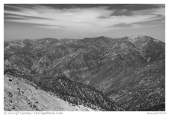 View from Mount Baldy summit. San Gabriel Mountains National Monument, California, USA (black and white)