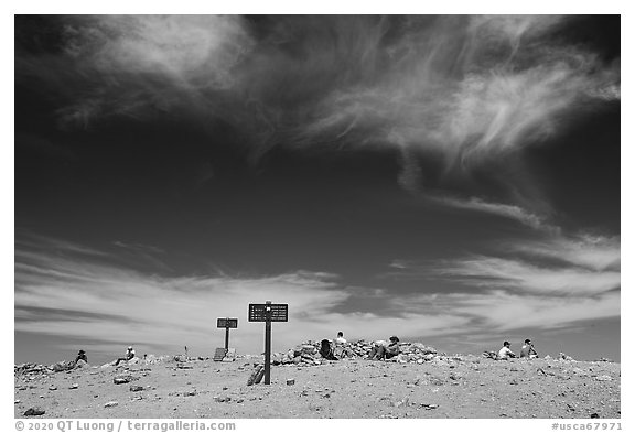 Hikers on Mt Baldy summit. San Gabriel Mountains National Monument, California, USA (black and white)