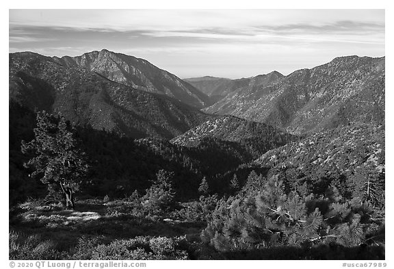 Valley between Iron Mountain and Ross Mountain from Blue Ridge. San Gabriel Mountains National Monument, California, USA (black and white)