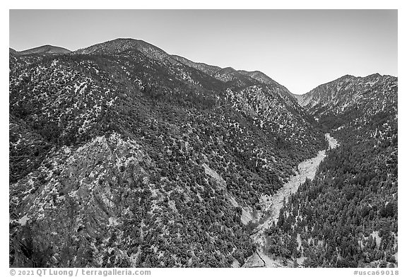 Aerial view of Valley of the Falls and snowy San Gorgonio Mountain range. Sand to Snow National Monument, California, USA (black and white)