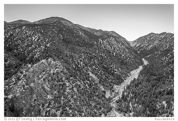 Aerial view of Valley of the Falls and snowy San Gorgonio Mountain range. Sand to Snow National Monument, California, USA