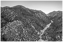 Aerial view of Valley of the Falls and snowy San Gorgonio Mountain range. Sand to Snow National Monument, California, USA ( black and white)