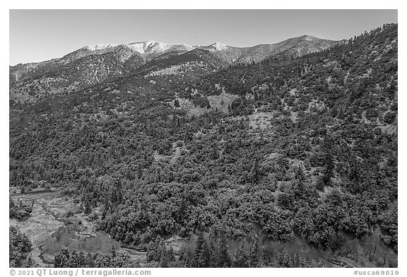 Aerial view of Anderson Peak slopes in winter. Sand to Snow National Monument, California, USA (black and white)