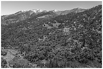 Aerial view of Anderson Peak slopes in winter. Sand to Snow National Monument, California, USA ( black and white)