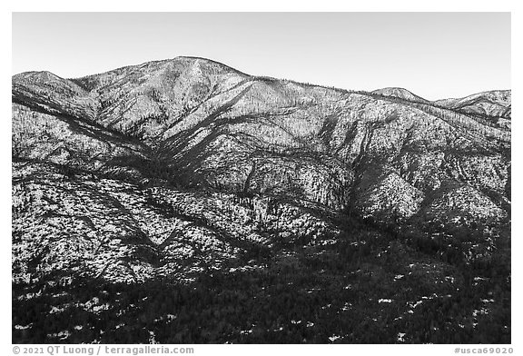 Aerial view of Grinnel Mountain, winter sunrise. Sand to Snow National Monument, California, USA (black and white)