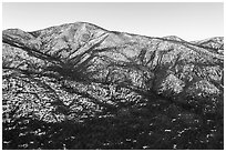 Aerial view of Grinnel Mountain, winter sunrise. Sand to Snow National Monument, California, USA ( black and white)