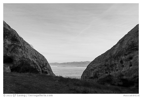 Looking out from inside Painted Rock. Carrizo Plain National Monument, California, USA (black and white)