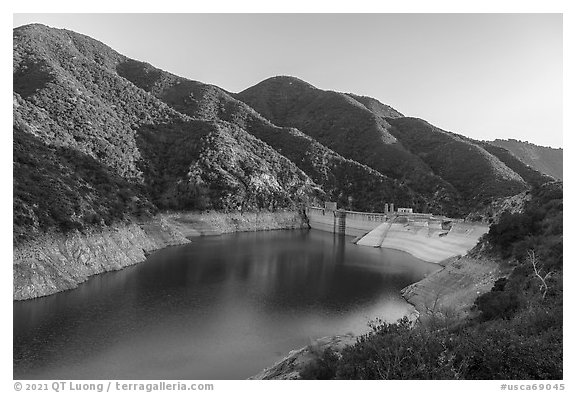 Moris Dam and Moris Reservoir. San Gabriel Mountains National Monument, California, USA (black and white)