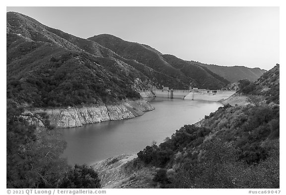 Moris Reservoir impounded by Moris Reservoir. San Gabriel Mountains National Monument, California, USA (black and white)