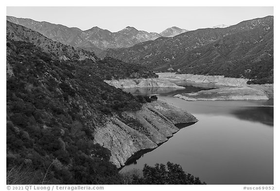 San Gabriel Canyon, San Gabriel Reservoir and Cucamonga Peak. San Gabriel Mountains National Monument, California, USA (black and white)