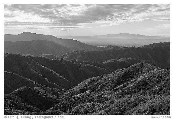 Hills and Los Angeles Basin from Glendora Ridge. San Gabriel Mountains National Monument, California, USA (black and white)