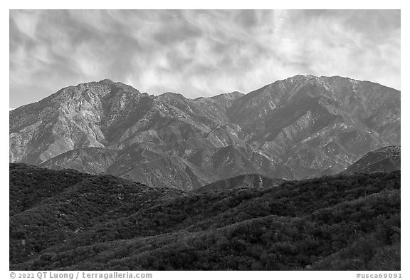 Back range mountains from Glendora Ridge. San Gabriel Mountains National Monument, California, USA (black and white)