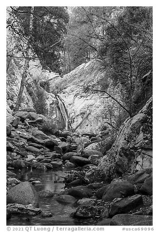 Boulders and Lower Switzer Falls. San Gabriel Mountains National Monument, California, USA (black and white)