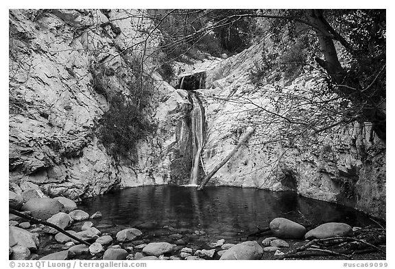 Circular basin at the base of Lower Switzer Falls. San Gabriel Mountains National Monument, California, USA (black and white)