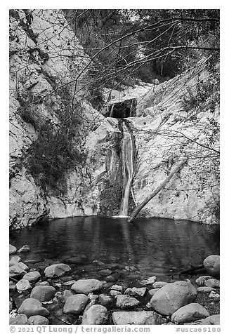 Two-tiered Lower Switzer Falls flowing into basin. San Gabriel Mountains National Monument, California, USA (black and white)