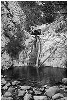 Two-tiered Lower Switzer Falls flowing into basin. San Gabriel Mountains National Monument, California, USA ( black and white)