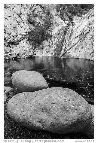 Boulders and Lower Switzer Falls. San Gabriel Mountains National Monument, California, USA (black and white)
