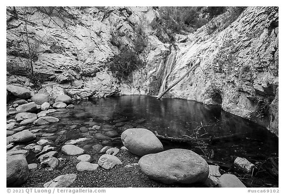 Boulders and pool, Lower Switzer Falls. San Gabriel Mountains National Monument, California, USA (black and white)