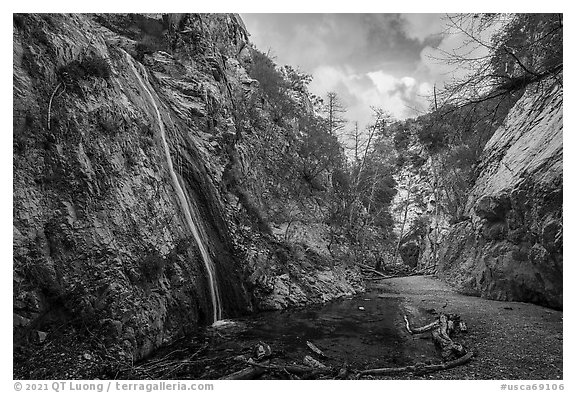 Upper Switzer Falls in box canyon. San Gabriel Mountains National Monument, California, USA (black and white)