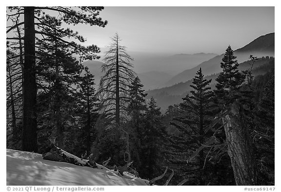 Looking down Valley of the Falls, winter sunset. Sand to Snow National Monument, California, USA (black and white)