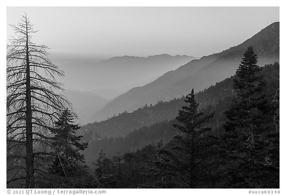 Ridges at sunset from San Gorgonio Mountain. Sand to Snow National Monument, California, USA (black and white)