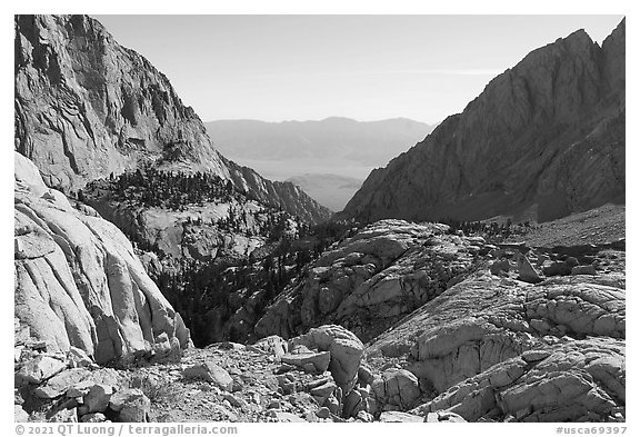 View down Lone Pine Creek and Owens Valley, Inyo National Frest. California, USA (black and white)