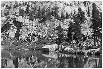 Cliffs and trees reflected in Mirror Lake, Inyo National Forest. California, USA ( black and white)