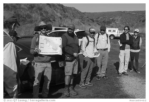 Representatives from Santa Cruz Mountain Trails Association and the Amah Mutsun Land Trust speak about their work. Cotoni-Coast Dairies Unit, California Coastal National Monument, California, USA (black and white)