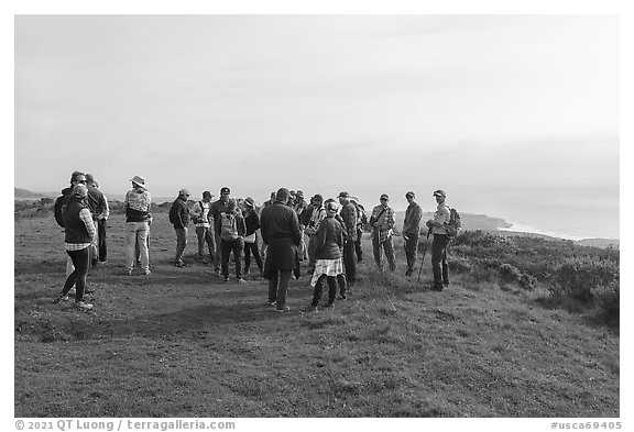 Group on edge of grassy terrace above the Pacific Ocean. Cotoni-Coast Dairies Unit, California Coastal National Monument, California, USA (black and white)