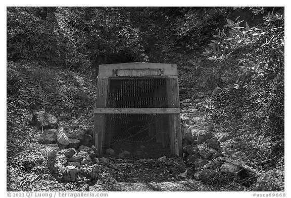 San Cristobal Mine entrance, Almaden Quicksilver County Park. San Jose, California, USA (black and white)