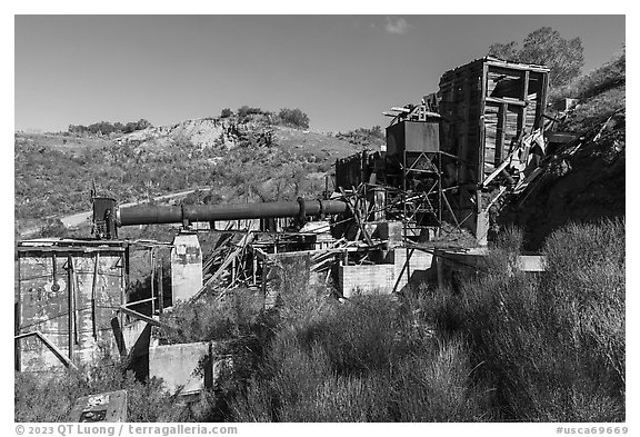 Rotary furnace, Almaden Quicksilver County Park. San Jose, California, USA (black and white)