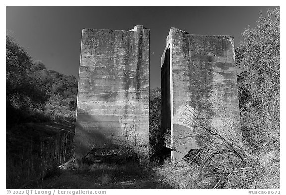 Scott Furnace dust bins, El Senador Mine, Almaden Quicksilver County Park. San Jose, California, USA (black and white)