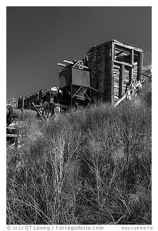 Rotary furnace tower, Almaden Quicksilver County Park. San Jose, California, USA (black and white)