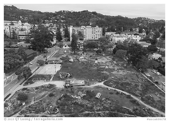 Aerial view of Peoples Park looking towards the hills. Berkeley, California, USA