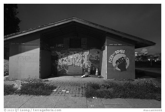 Closed restroom at night, Peoples Park. Berkeley, California, USA (black and white)