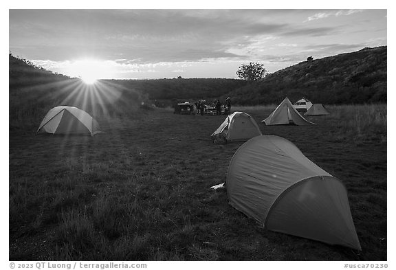 Sun setting over Coast Campground. Point Reyes National Seashore, California, USA (black and white)