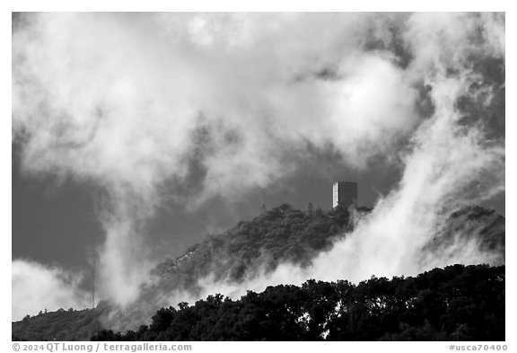 Mount Umunhum with clouds viewed from Almaden Quicksilver County Park. San Jose, California, USA (black and white)