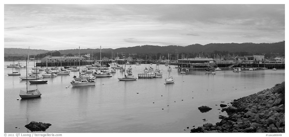 Municipal Wharf and Fishermans Wharf, late afternoon. Monterey, California, USA (black and white)