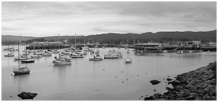 Municipal Wharf and Fishermans Wharf, late afternoon. Monterey, California, USA (Panoramic black and white)