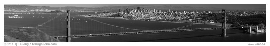Golden Gate Bridge and view from Alcatraz to San Francisco, fall afternoon. San Francisco, California, USA (black and white)