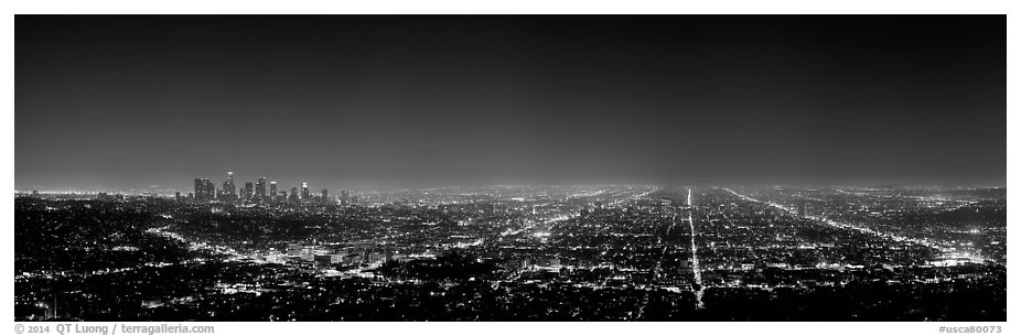 Street grid and city at night. Los Angeles, California, USA (black and white)