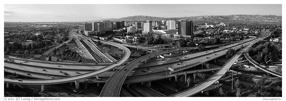 Aerial view of downtown and freeways. San Jose, California, USA (black and white)