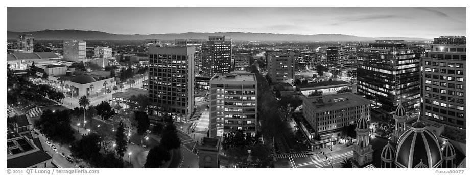 Downtown San Jose skyline and Santa Cruz Mountains at dusk. San Jose, California, USA (black and white)