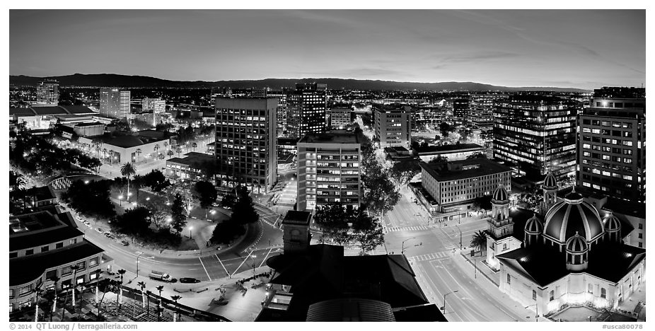 Downtown San Jose skyline and lights at dusk. San Jose, California, USA (black and white)